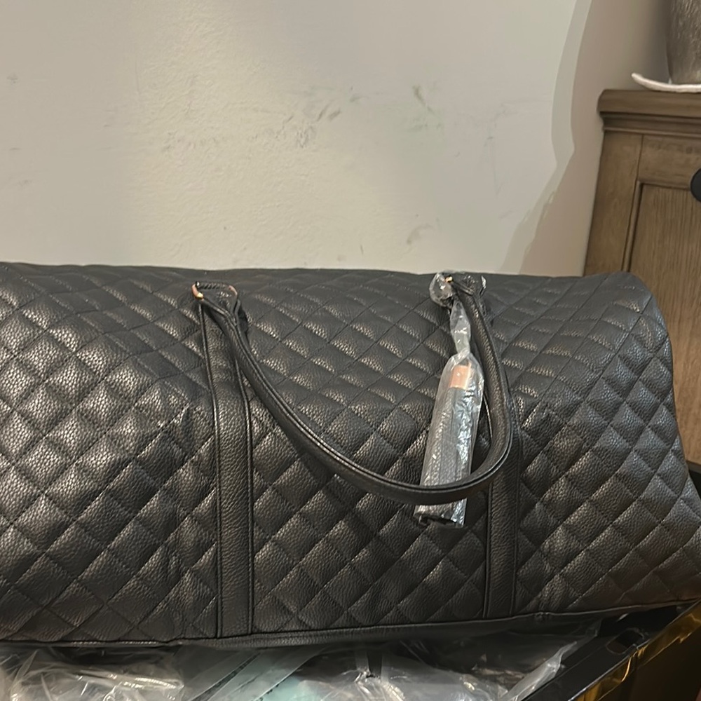 Quilted Black Faux Leather Travel Duffel Bag with Rose Gold Hardware